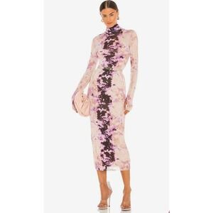 AFRM Shailene Dress Purple Placement Tie Dye Long Sleeve Mesh Midi Dress Medium